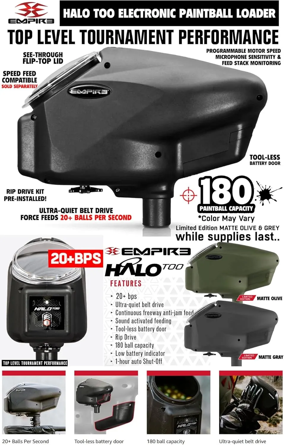 Maddog Empire Mini GS Electronic Full Auto Paintball Gun Marker w/ 48/3000 HPA Paintball Tank & Empire Halo Too Electronic Paintball Loader Starter Package