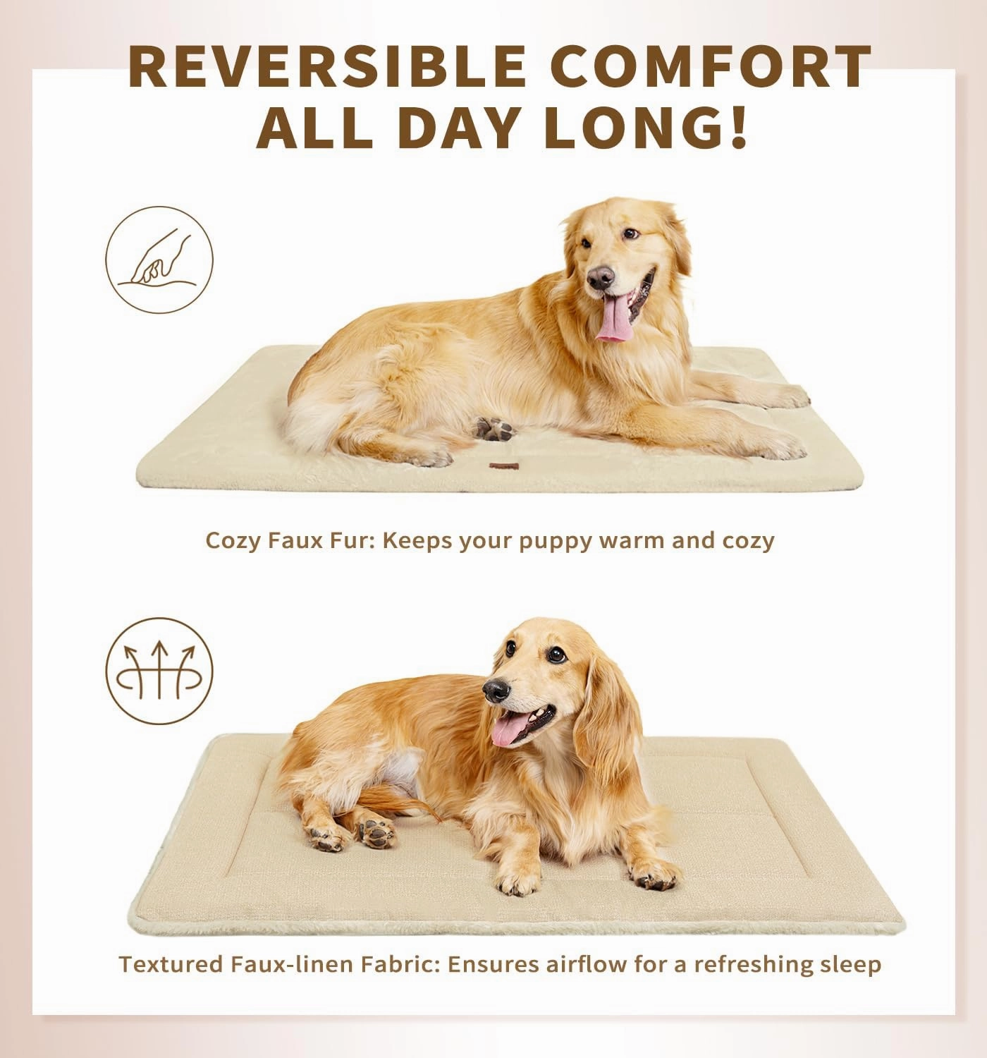 Made4Pets Dog Crate Pad Bed for Large Dogs, Washable & Reversible, Anti-Slip Kennel Mat for Cozy Sleeping, Soft Fluffy Dog Bed for Indoor & Outdoor Use, 41"x29", Beige