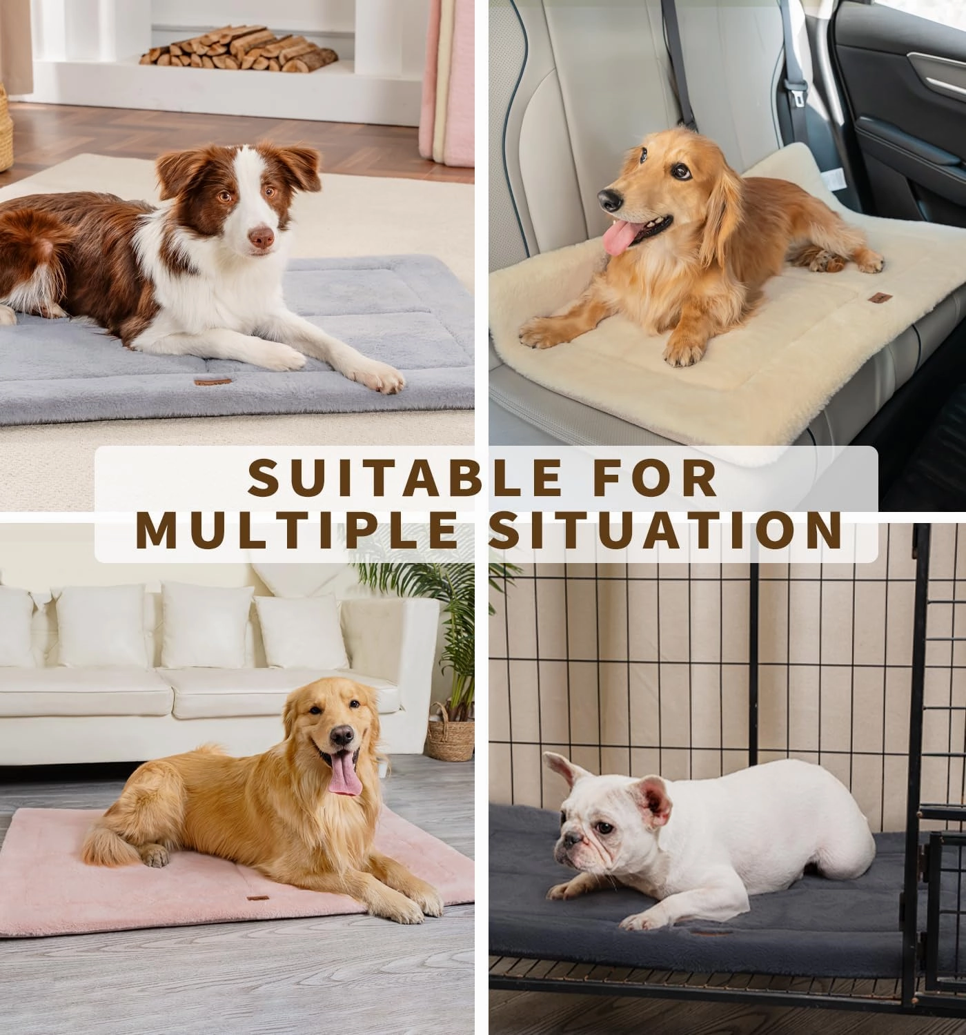 Made4Pets Dog Crate Pad Bed for Large Dogs, Washable & Reversible, Anti-Slip Kennel Mat for Cozy Sleeping, Soft Fluffy Dog Bed for Indoor & Outdoor Use, 41"x29", Beige