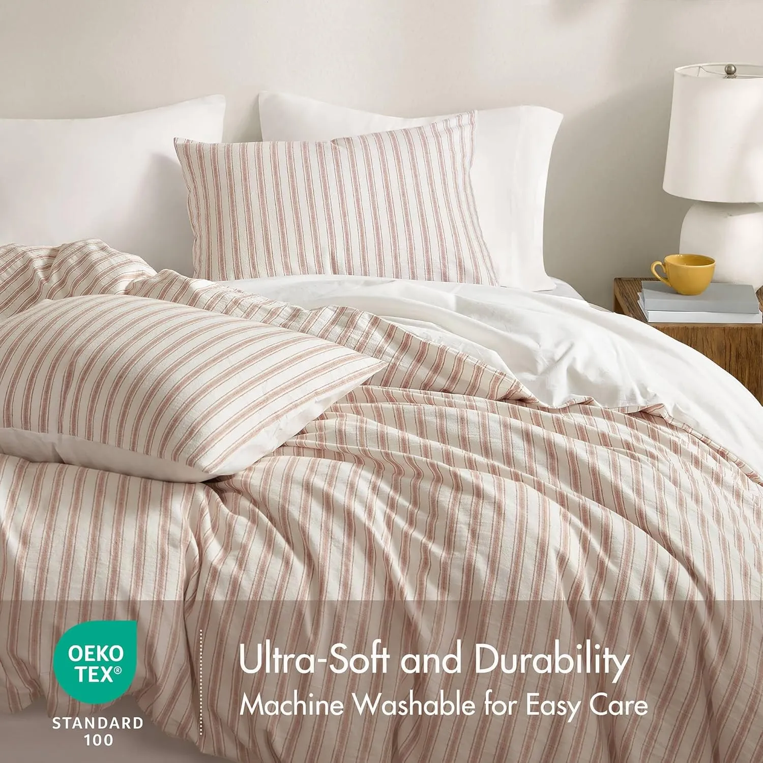 Madison Park Cooling Duvet Cover Set for Hot Sleepers - Linen Cotton Rayon Blend, Queen Size 3 Piece Set with Shams - Lightweight & Breathable Bedding, Terracotta Striped Design