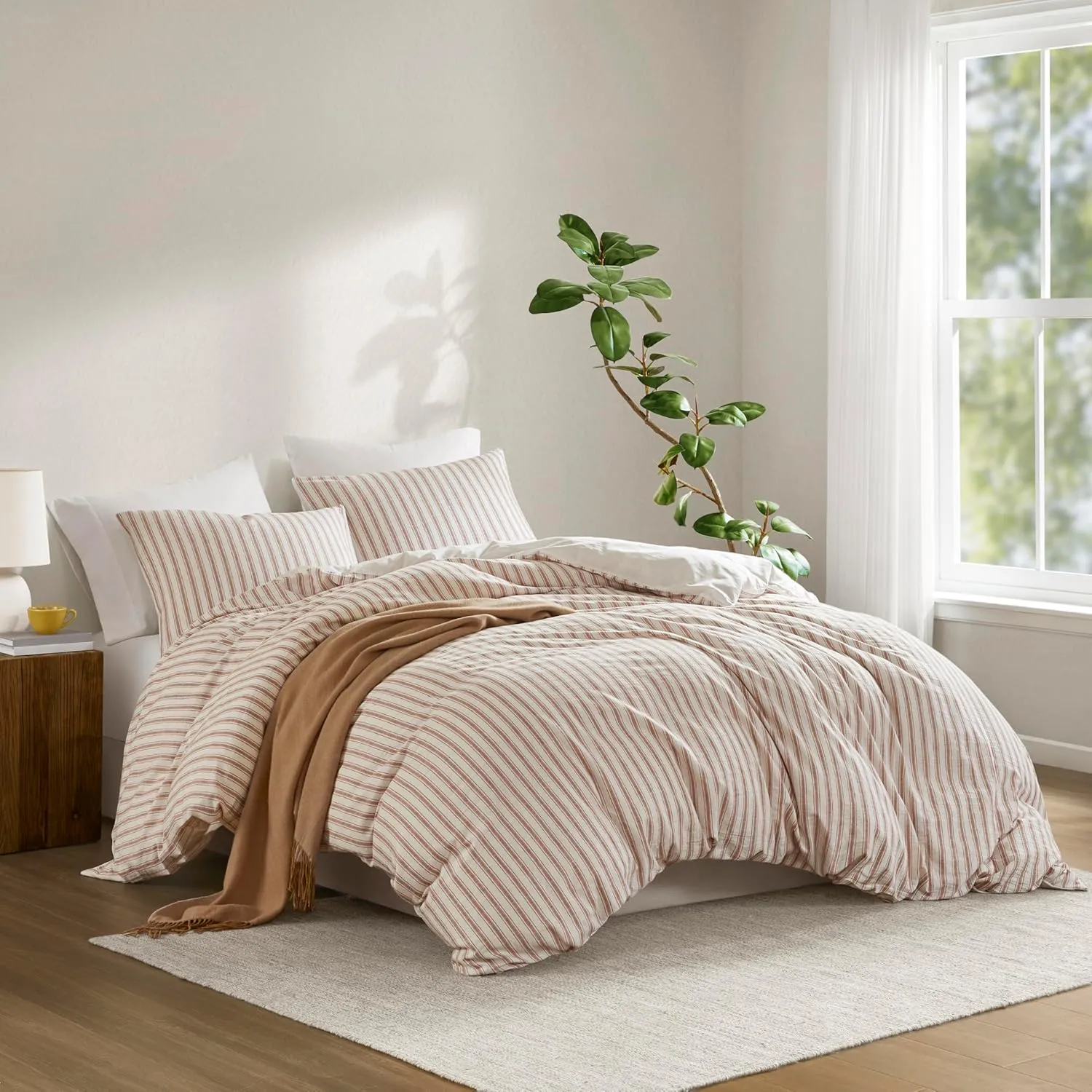 Madison Park Cooling Duvet Cover Set for Hot Sleepers - Linen Cotton Rayon Blend, Queen Size 3 Piece Set with Shams - Lightweight & Breathable Bedding, Terracotta Striped Design
