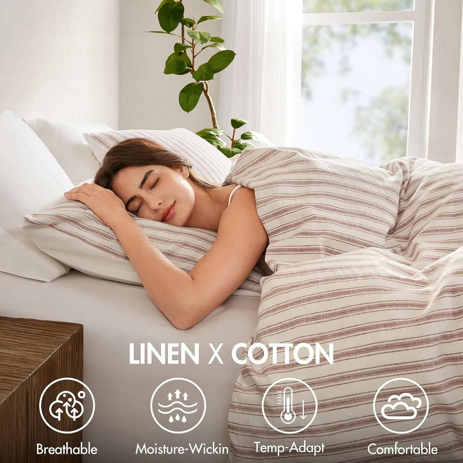 Madison Park Cooling Duvet Cover Set for Hot Sleepers - Linen Cotton Rayon Blend, Queen Size 3 Piece Set with Shams - Lightweight & Breathable Bedding, Terracotta Striped Design