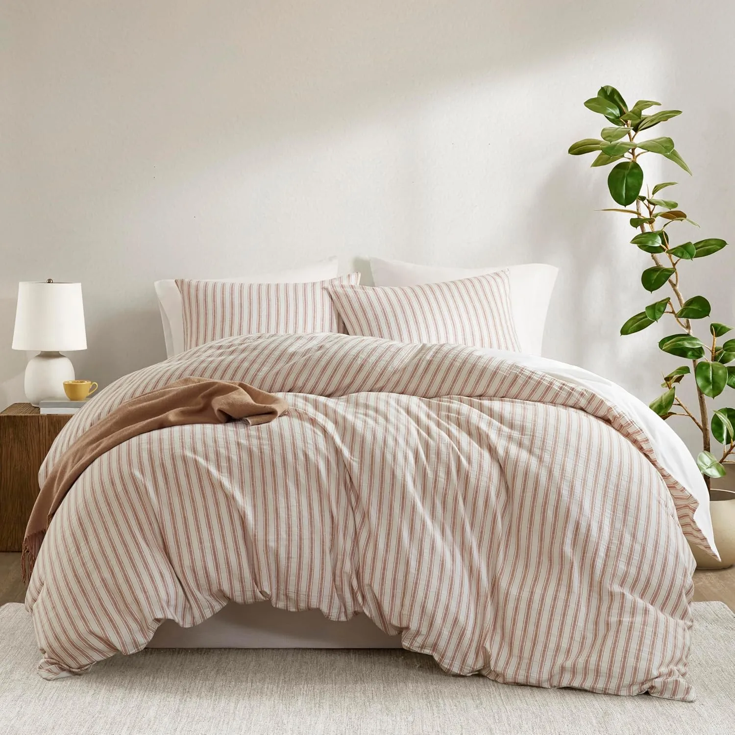 Madison Park Cooling Duvet Cover Set for Hot Sleepers - Linen Cotton Rayon Blend, Queen Size 3 Piece Set with Shams - Lightweight & Breathable Bedding, Terracotta Striped Design
