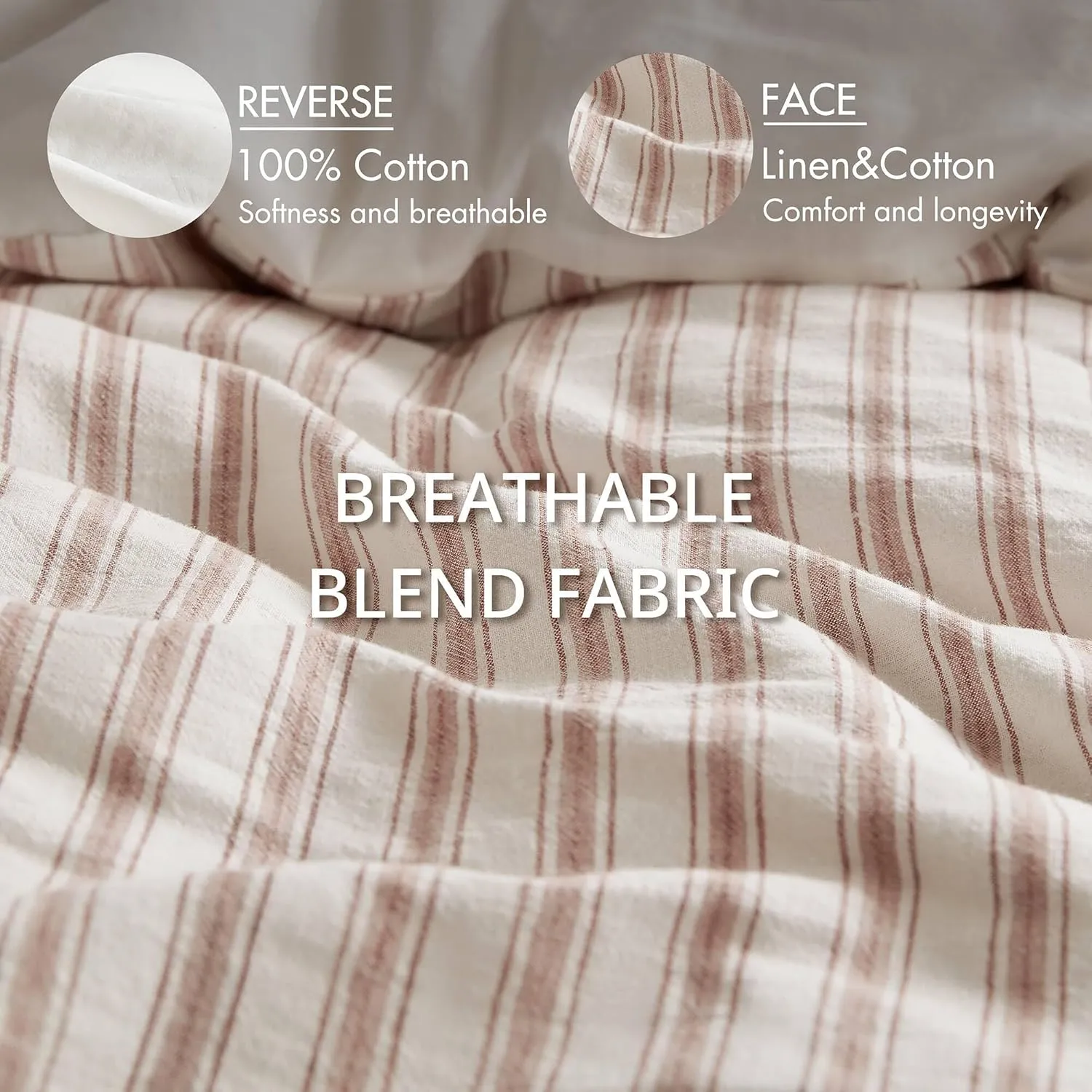 Madison Park Cooling Duvet Cover Set for Hot Sleepers - Linen Cotton Rayon Blend, Queen Size 3 Piece Set with Shams - Lightweight & Breathable Bedding, Terracotta Striped Design