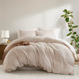 Madison Park Cooling Duvet Cover Set for Hot Sleepers - Linen Cotton Rayon Blend, Queen Size 3 Piece Set with Shams - Lightweight & Breathable Bedding, Terracotta Striped Design