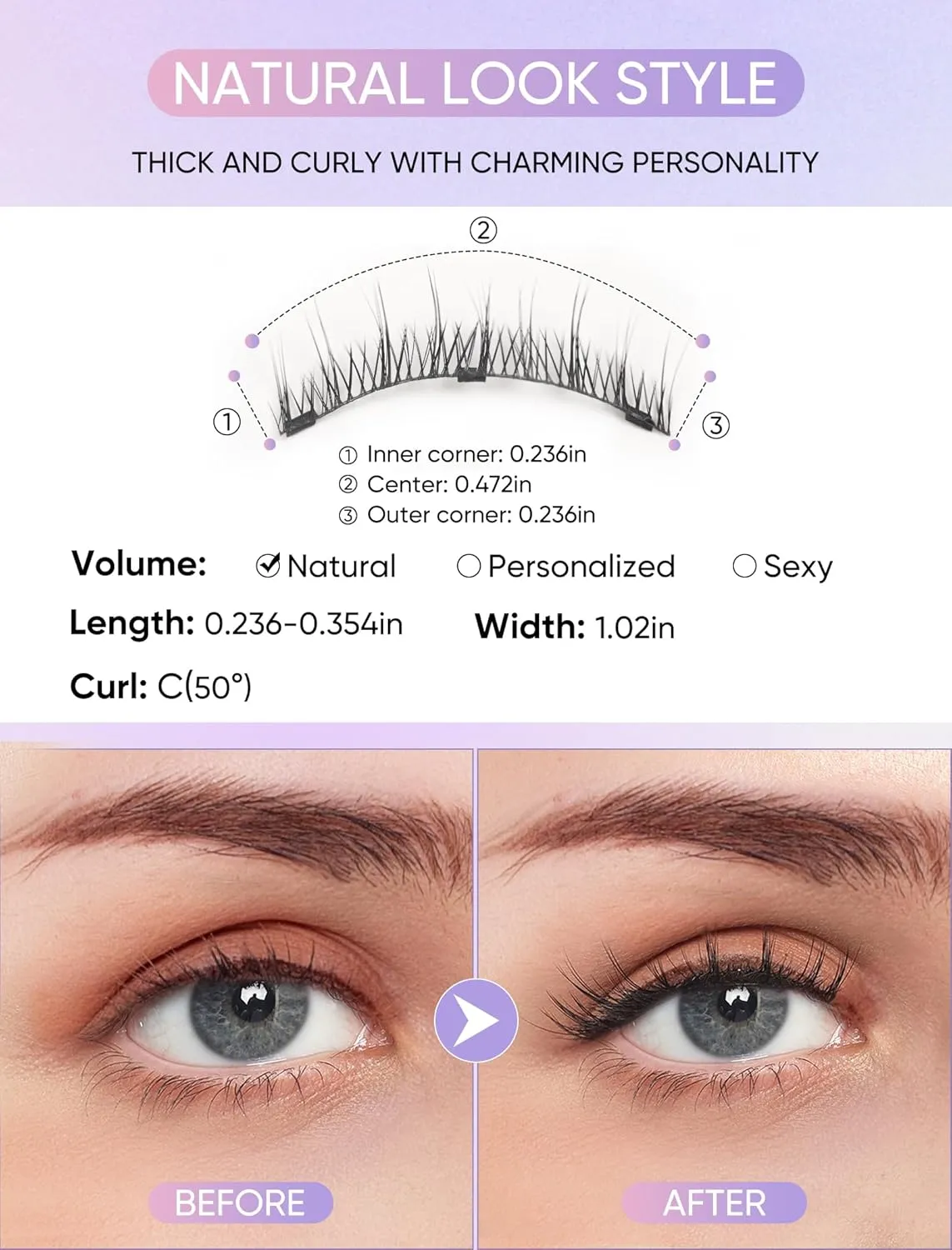 Magnetic Eyelashes with Applicator, 1 Pair Reusable Magnetic Lashes No Glue Self-Adhesive False Eyelashes Extensions Kit (Natural Look Style) (Natural Look Style)
