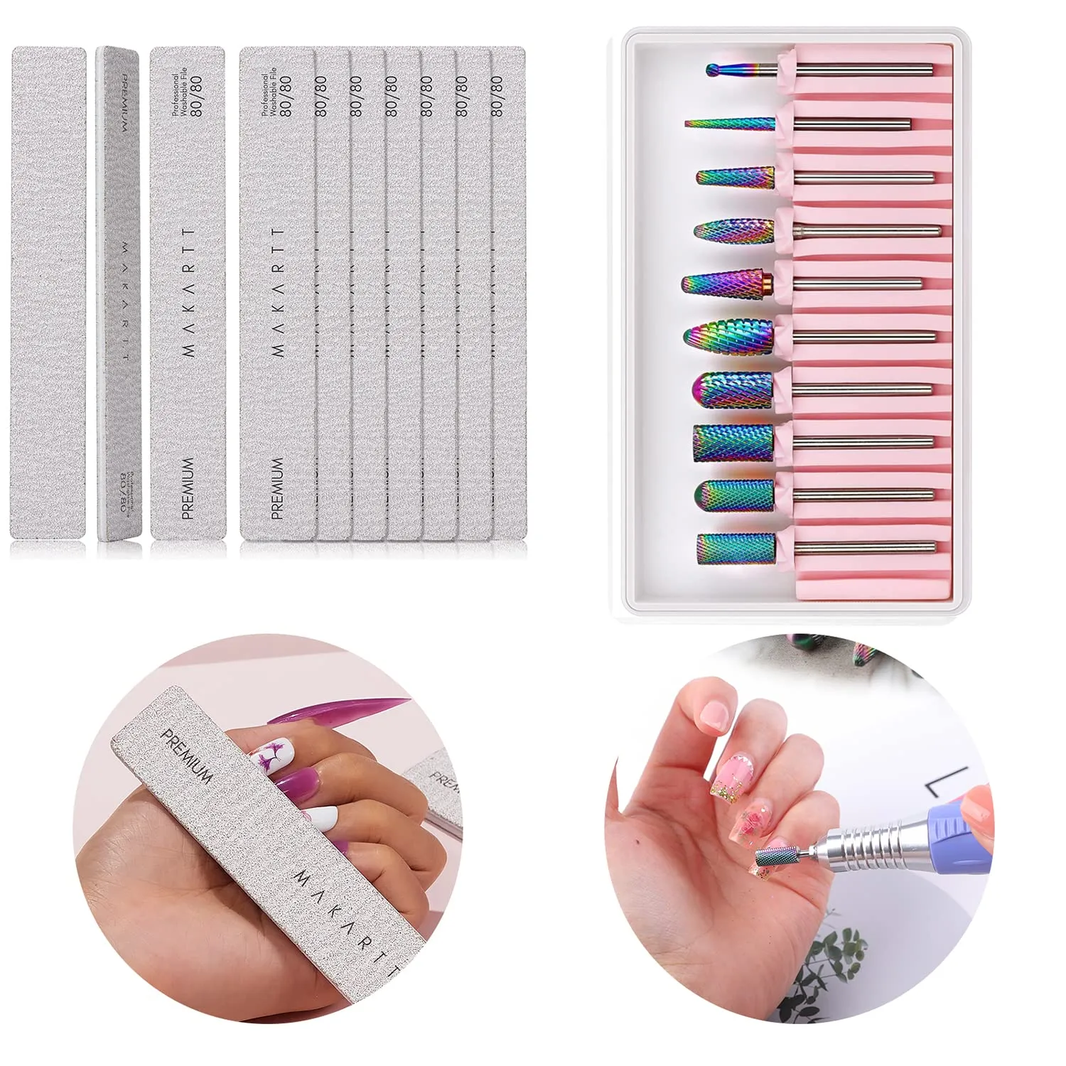 Makartt Nail Drill Bits Set, 10Pcs Tungsten Carbide Nail Drill Bits Bundle with Nail File 80 80 Grit Emery Boards for Nails 10pcs Nail Files for Acrylic Nails