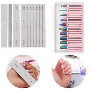 Makartt Nail Drill Bits Set, 10Pcs Tungsten Carbide Nail Drill Bits Bundle with Nail File 80 80 Grit Emery Boards for Nails 10pcs Nail Files for Acrylic Nails