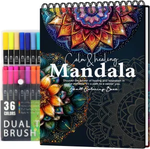 Mandala Coloring Book for Women Relaxation, 50 Patterns Spiral Bound Mindfulness Coloring Books for Adult with 36 Dual-tip Markers, Inspirational Gift for Women, Hardcover Adult Coloring Books Set