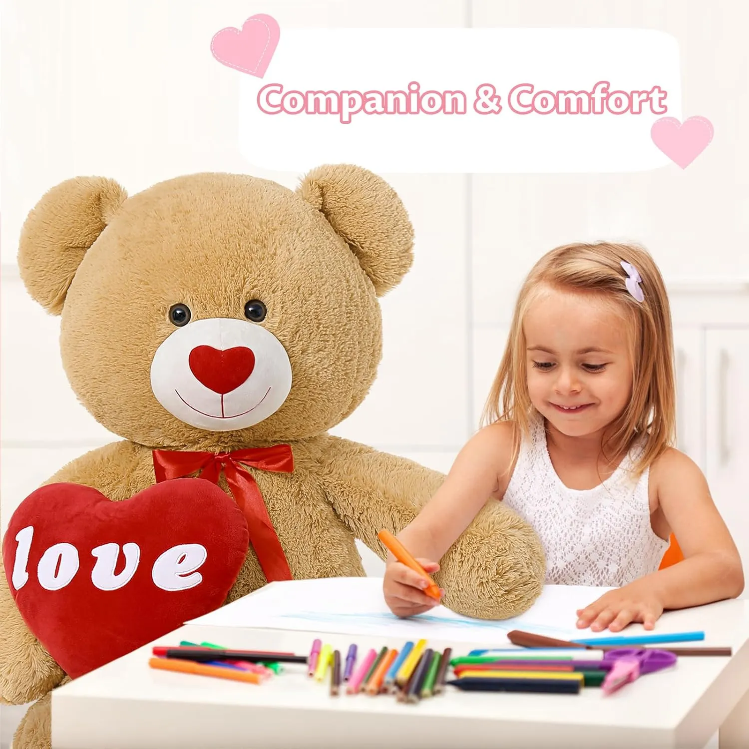 MaoGoLan Giant Teddy Bear Plush Toy, 51”Large Bear Stuffed Animal with Red Heart Pillow for Special Day Sweet Romantic Anniversary, Big Teddy Bear for Her Girlfriend Wife