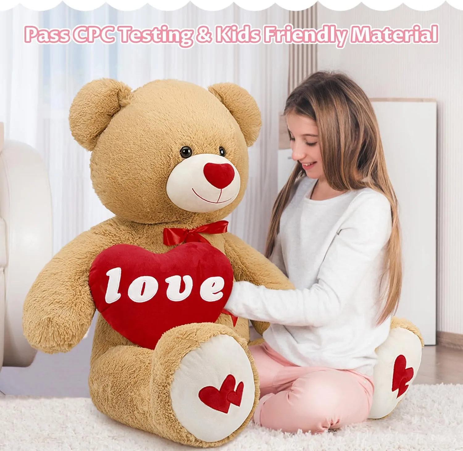 MaoGoLan Giant Teddy Bear Plush Toy, 51”Large Bear Stuffed Animal with Red Heart Pillow for Special Day Sweet Romantic Anniversary, Big Teddy Bear for Her Girlfriend Wife