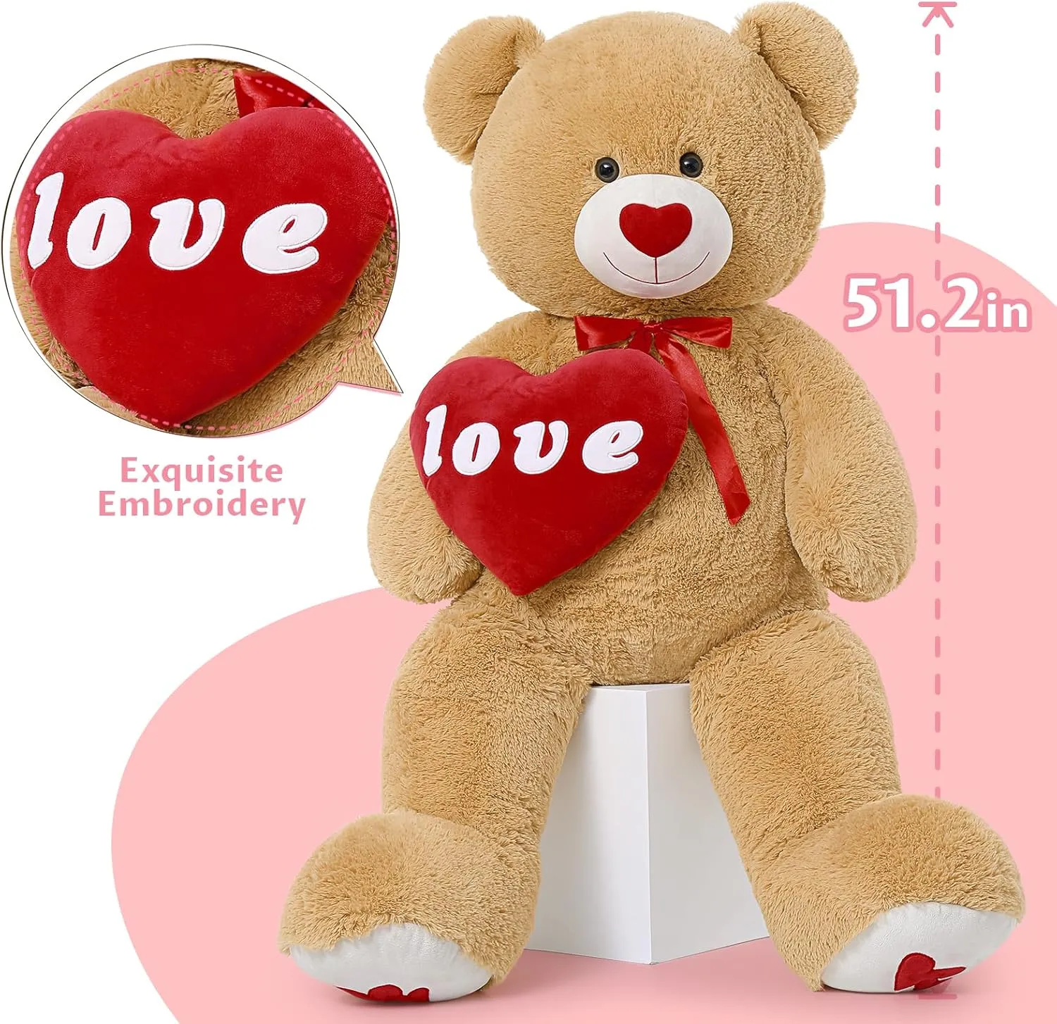 MaoGoLan Giant Teddy Bear Plush Toy, 51”Large Bear Stuffed Animal with Red Heart Pillow for Special Day Sweet Romantic Anniversary, Big Teddy Bear for Her Girlfriend Wife