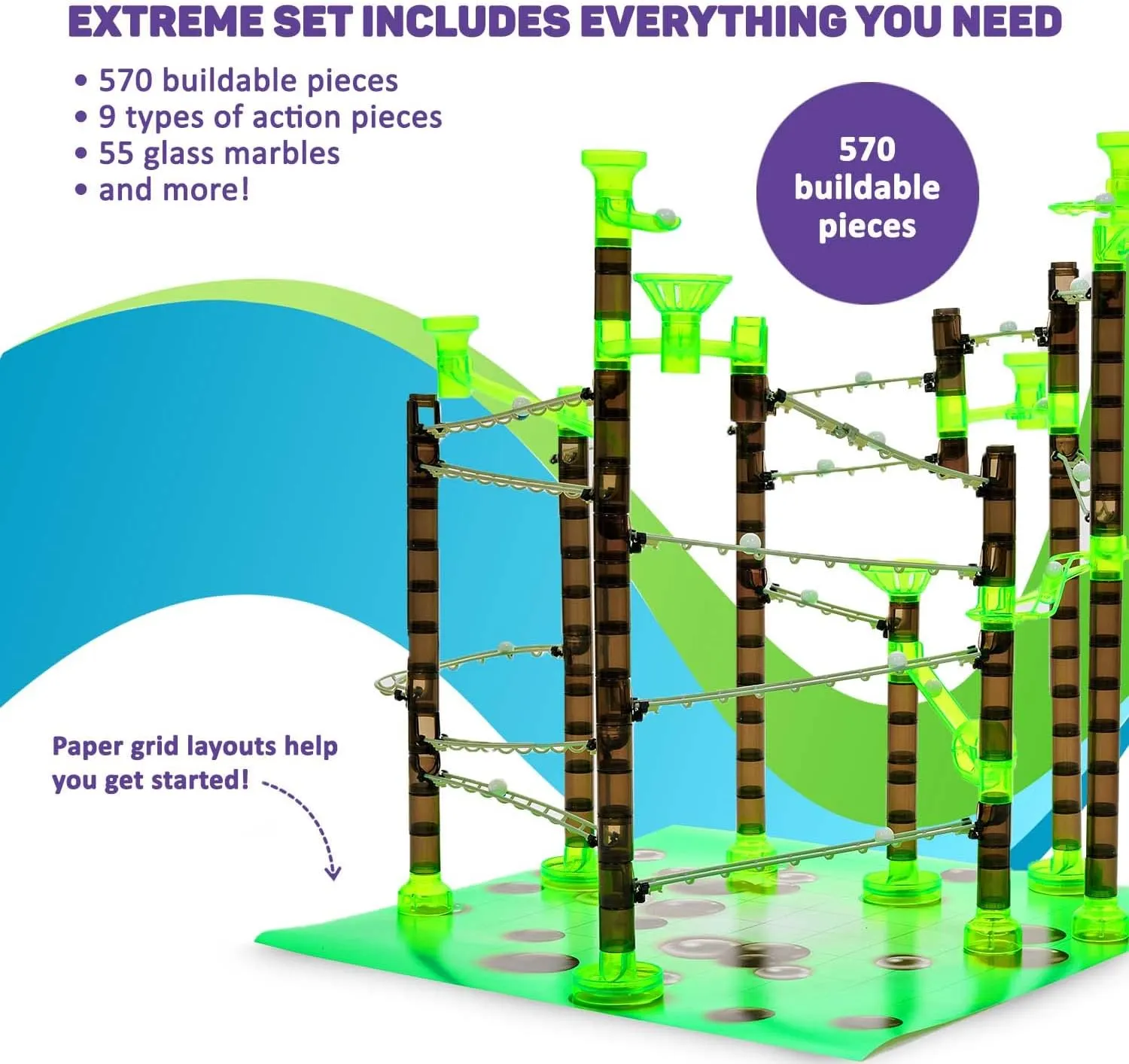 Marble Genius Marble Rails Extreme Set, 625 Piece Marble Run for Kids 8  (55 Marbles, 80 Rail Pieces, 20 Base Pieces & More), STEM, Full-Color Instructions, Great for Kids & Teens