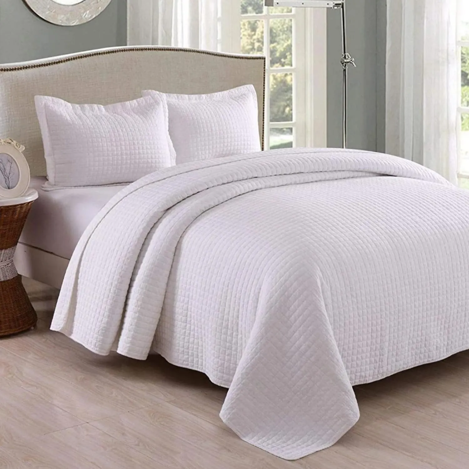 MarCielo 3 Piece 100% White Cotton Quilt Set Lightweight Bedspread Bed Coverlets Comforter Set, Check (King)