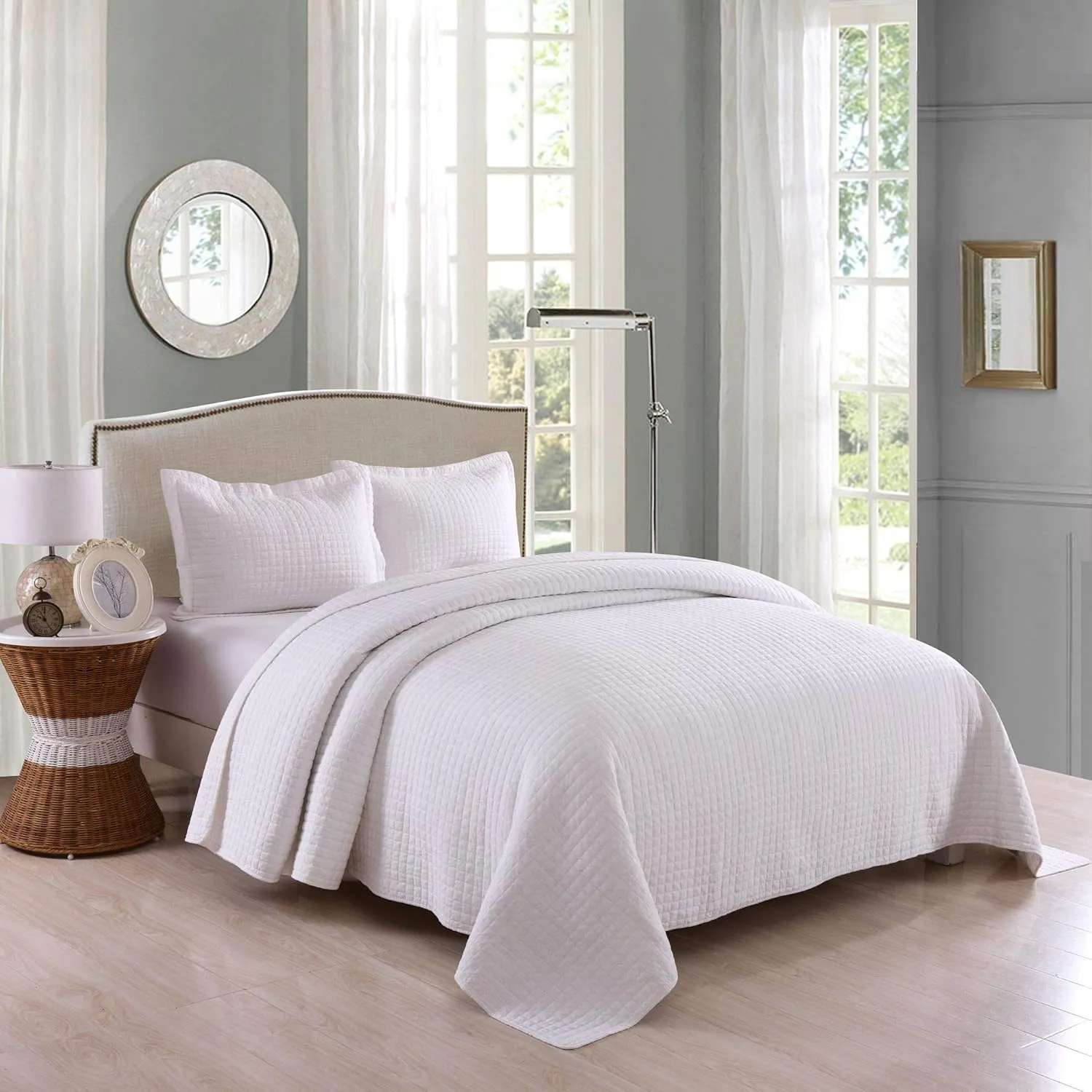 MarCielo 3 Piece 100% White Cotton Quilt Set Lightweight Bedspread Bed Coverlets Comforter Set, Check (King)