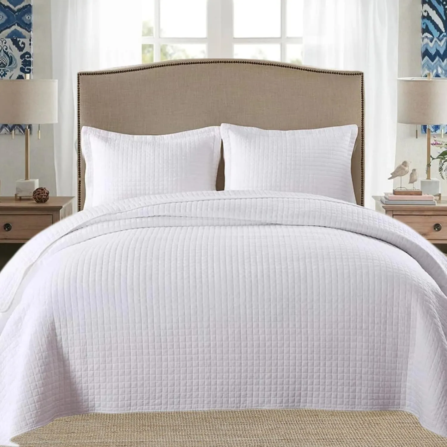 MarCielo 3 Piece 100% White Cotton Quilt Set Lightweight Bedspread Bed Coverlets Comforter Set, Check (King)