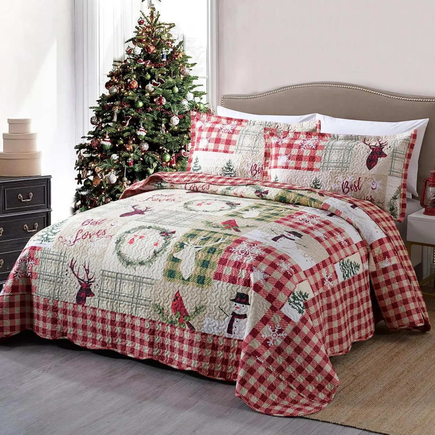 MarCielo 3 Piece Christmas Quilt Set, Rustic Lodge Deer Quilt Bedspread Throw Blanket Lightweight Bedspread Coverlet Comforter Set (Best Loves, King)