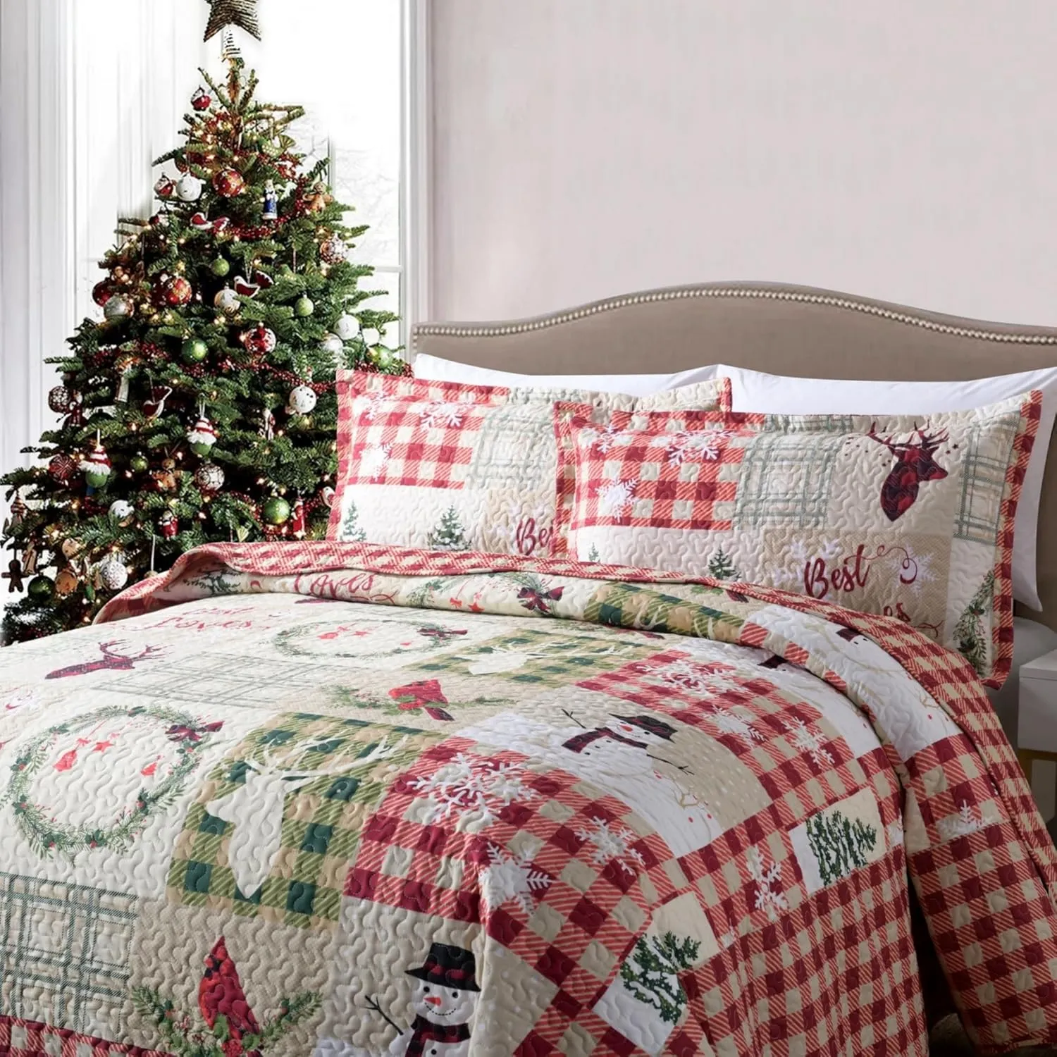 MarCielo 3 Piece Christmas Quilt Set, Rustic Lodge Deer Quilt Bedspread Throw Blanket Lightweight Bedspread Coverlet Comforter Set (Best Loves, King)