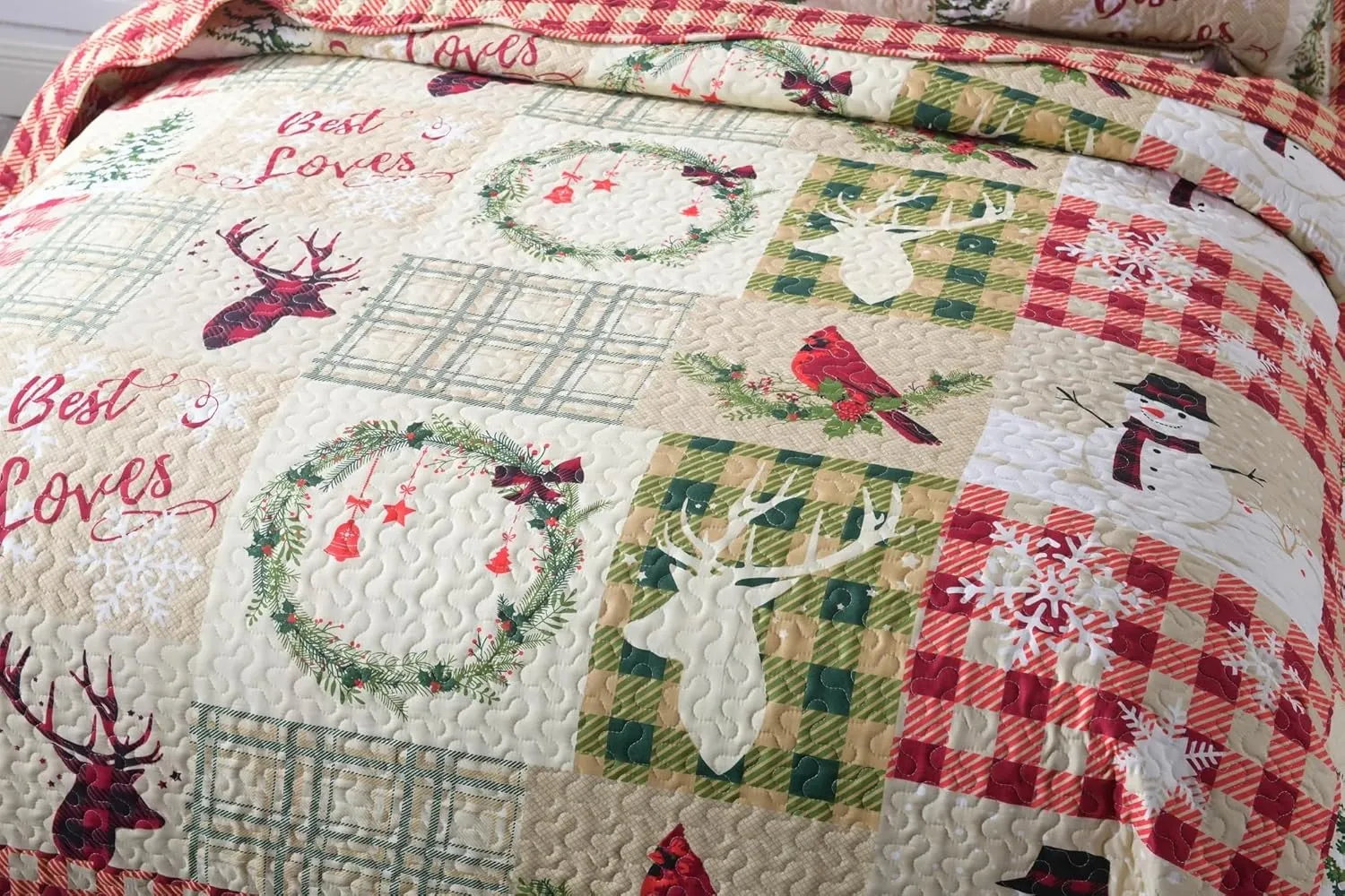 MarCielo 3 Piece Christmas Quilt Set, Rustic Lodge Deer Quilt Bedspread Throw Blanket Lightweight Bedspread Coverlet Comforter Set (Best Loves, King)