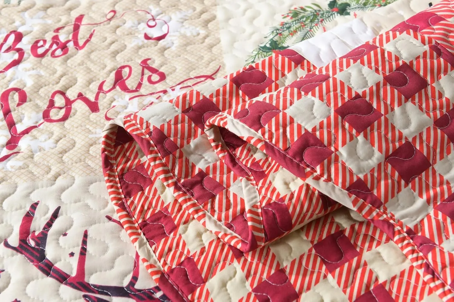 MarCielo 3 Piece Christmas Quilt Set, Rustic Lodge Deer Quilt Bedspread Throw Blanket Lightweight Bedspread Coverlet Comforter Set (Best Loves, King)