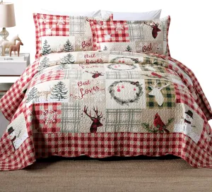 MarCielo 3 Piece Christmas Quilt Set, Rustic Lodge Deer Quilt Bedspread Throw Blanket Lightweight Bedspread Coverlet Comforter Set (Best Loves, King)
