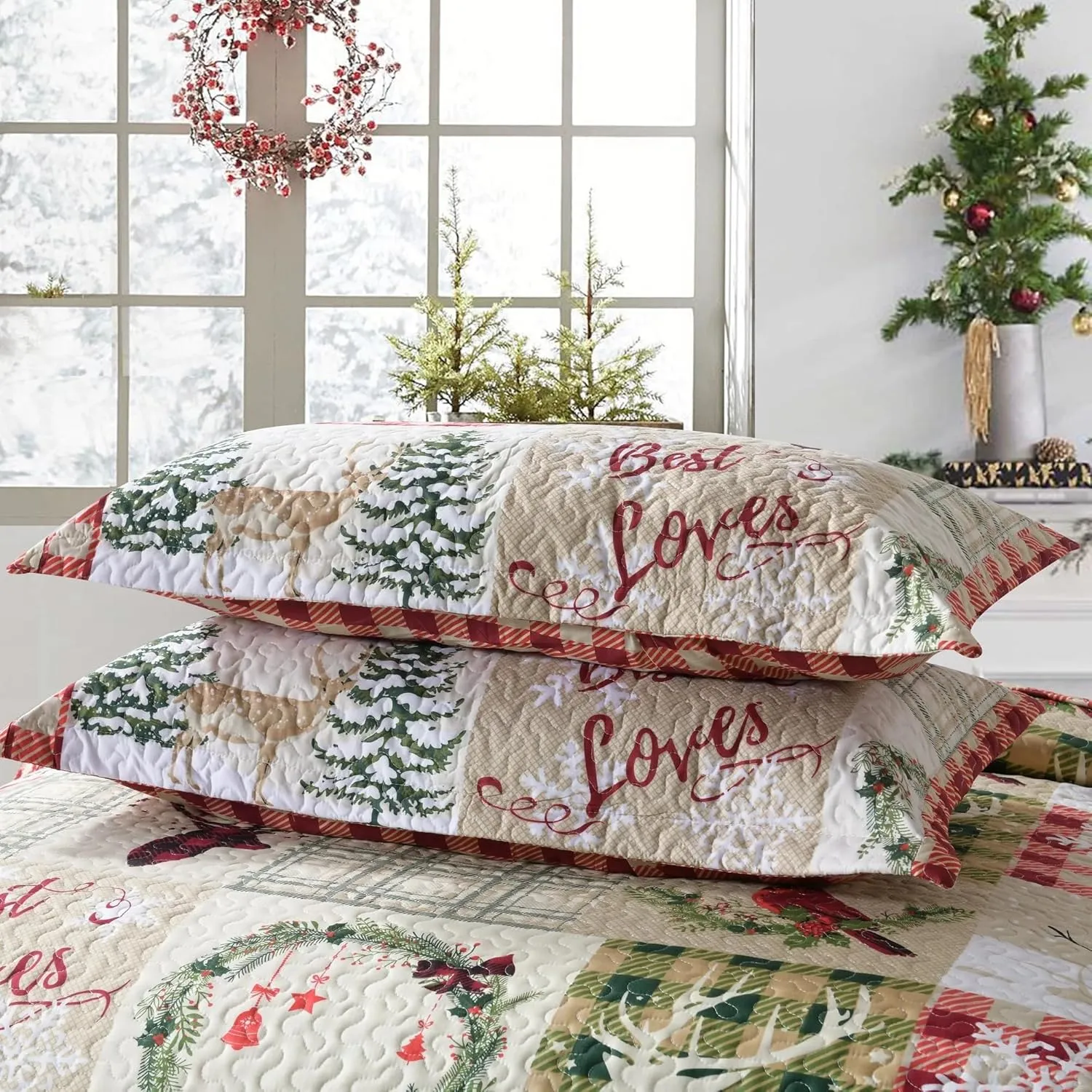 MarCielo 3 Piece Christmas Quilt Set, Rustic Lodge Deer Quilt Bedspread Throw Blanket Lightweight Bedspread Coverlet Comforter Set (Best Loves, King)
