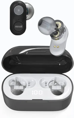 Maxell – 199652, Experience High-Fidelity Sound with Dual-Driver True Wireless Earbuds - Featuring Bluetooth 5.0, 20 Hours of Playtime, Pro Noise Cancelling and IPX3 Water Resistance - Black/Grey