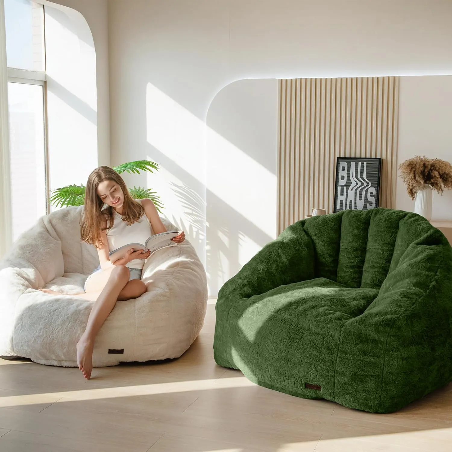 MAXYOYO Giant Bean Bag Chair, Oversized Bean Bag Couch for Adults and Kids, Faux Fur Shell-Shaped Large Chair with Filler, Stuffed Big Accent Sofa Floor Sofa for Gaming, Reading, Green
