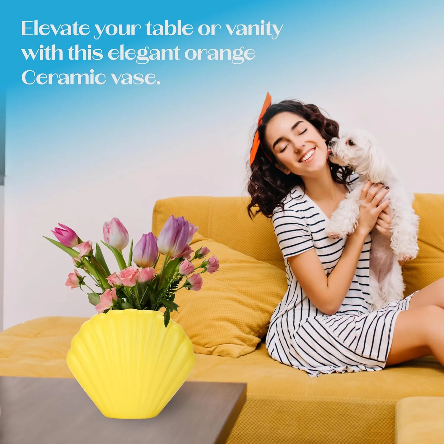 MeantToBe Shell Vases Home Decor - Decorative Vase - Yellow Shell Ceramic Flower Vase - Boho Chic Elegant Vases for Decor - Handmade Craftsmanship - Modern Vase Shell Shape - 6.6" x 5.7" x 2.6"