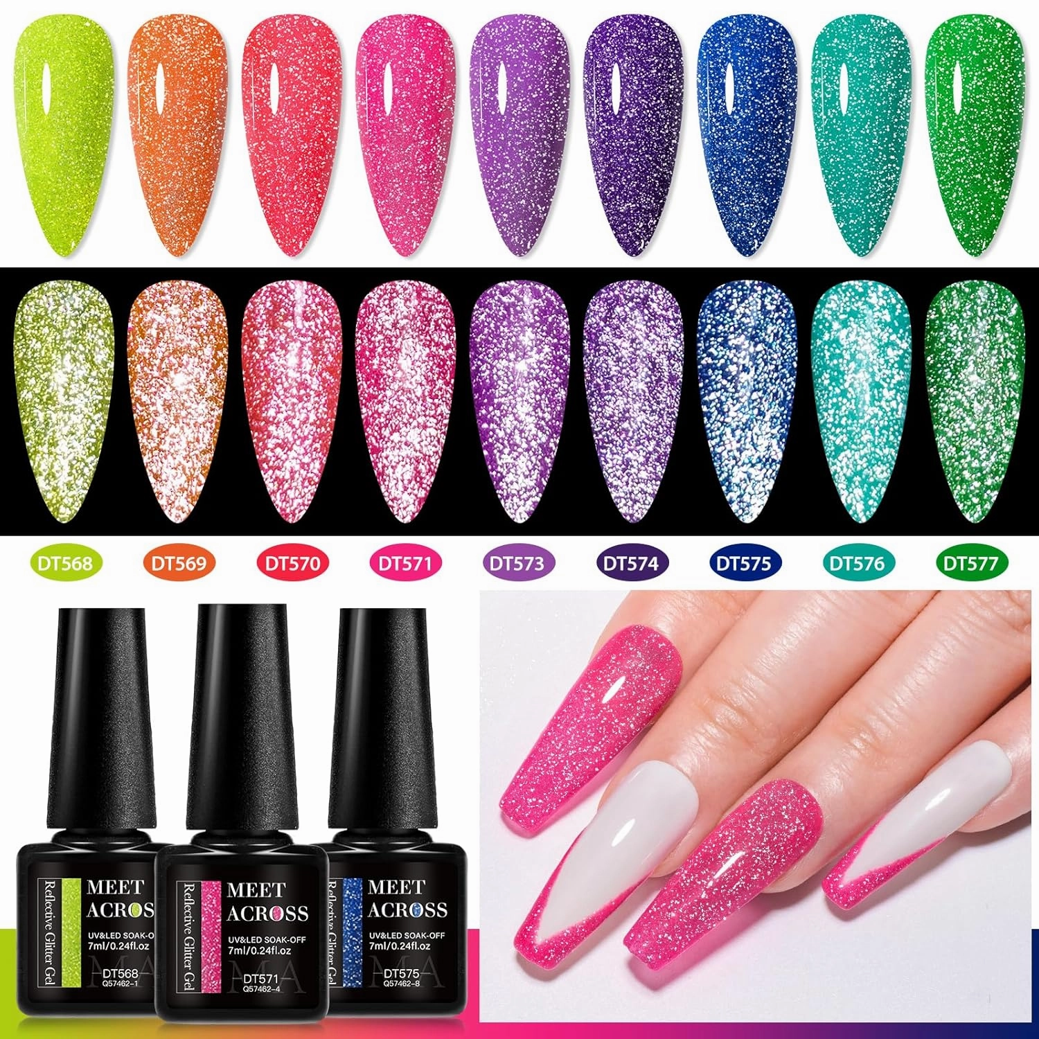 MEET ACROSS 12PCS Reflective Glitter Gel Nail Polish, Holographic Gel Polish Kit, Soak Off UV Nail Gel, Sparkly Glitter Nail Manicure Kit Gift for Beginners DIY (SET-1, 12PCS)