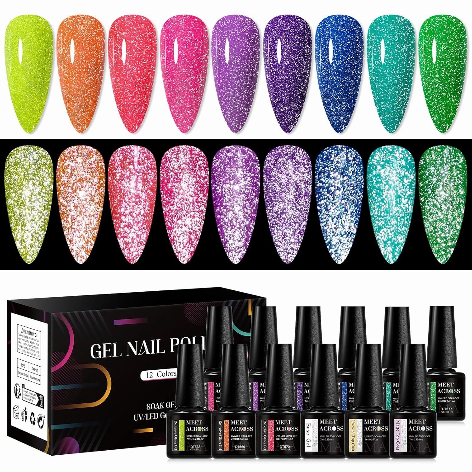 MEET ACROSS 12PCS Reflective Glitter Gel Nail Polish, Holographic Gel Polish Kit, Soak Off UV Nail Gel, Sparkly Glitter Nail Manicure Kit Gift for Beginners DIY (SET-1, 12PCS)