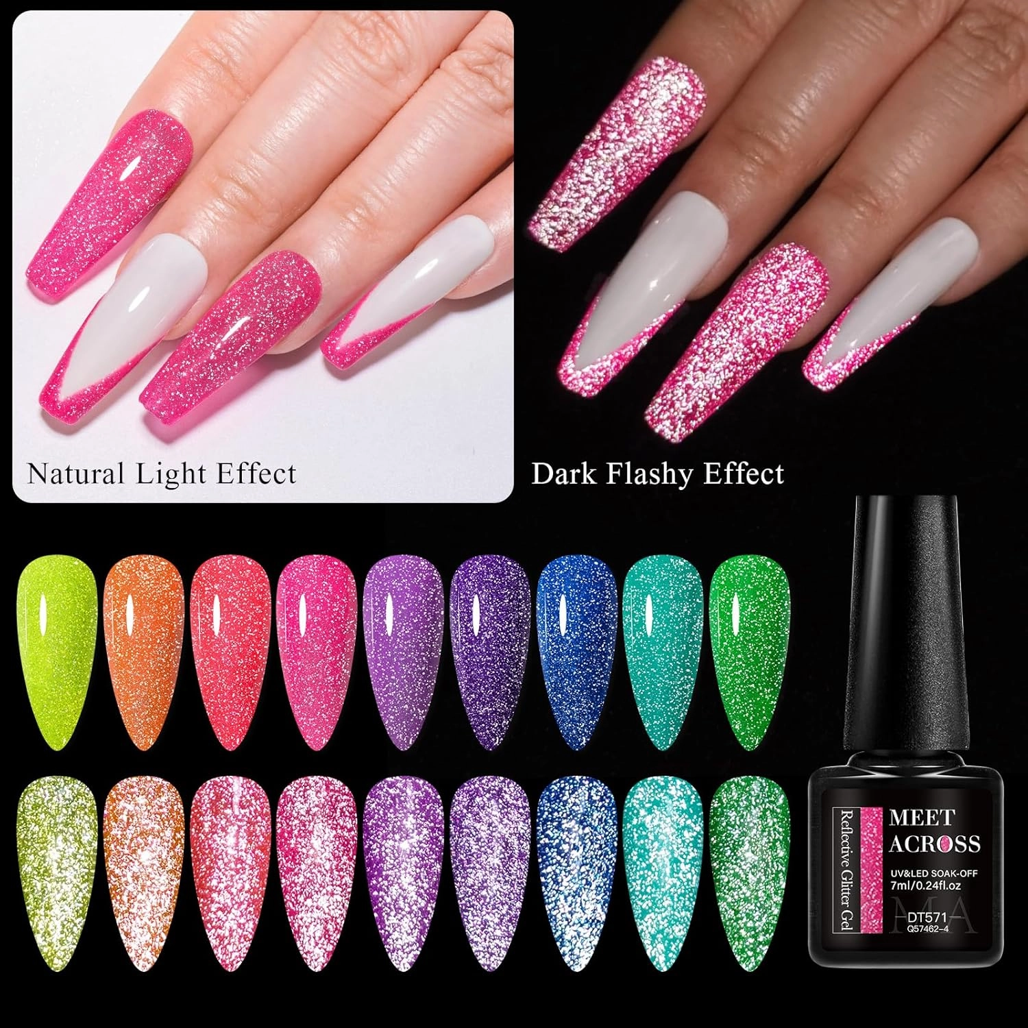 MEET ACROSS 12PCS Reflective Glitter Gel Nail Polish, Holographic Gel Polish Kit, Soak Off UV Nail Gel, Sparkly Glitter Nail Manicure Kit Gift for Beginners DIY (SET-1, 12PCS)