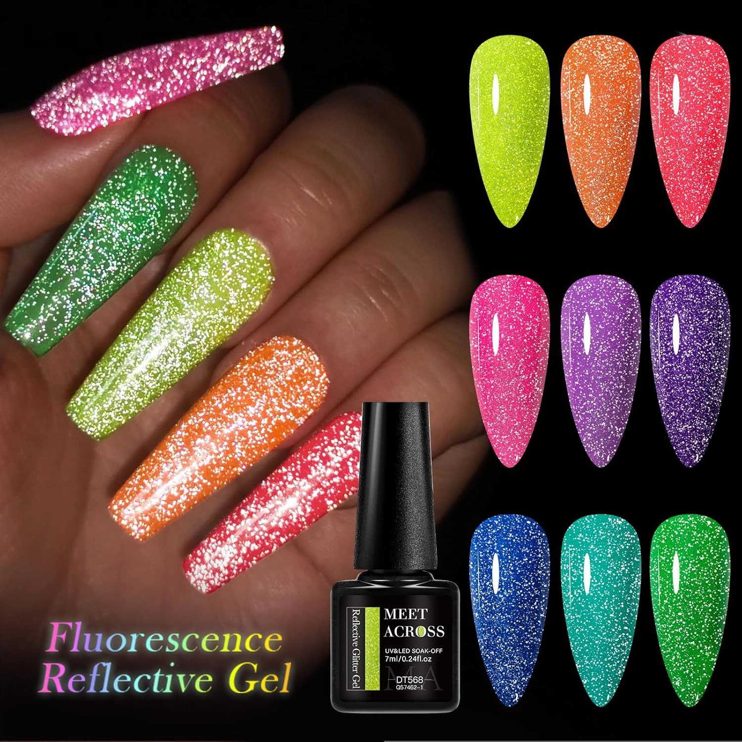 MEET ACROSS 12PCS Reflective Glitter Gel Nail Polish, Holographic Gel Polish Kit, Soak Off UV Nail Gel, Sparkly Glitter Nail Manicure Kit Gift for Beginners DIY (SET-1, 12PCS)