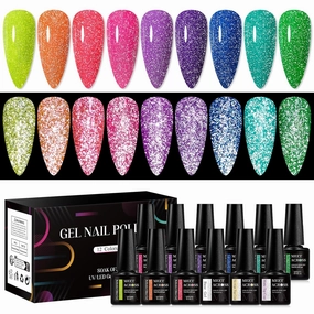 MEET ACROSS 12PCS Reflective Glitter Gel Nail Polish, Holographic Gel Polish Kit, Soak Off UV Nail Gel, Sparkly Glitter Nail Manicure Kit Gift for Beginners DIY (SET-1, 12PCS)