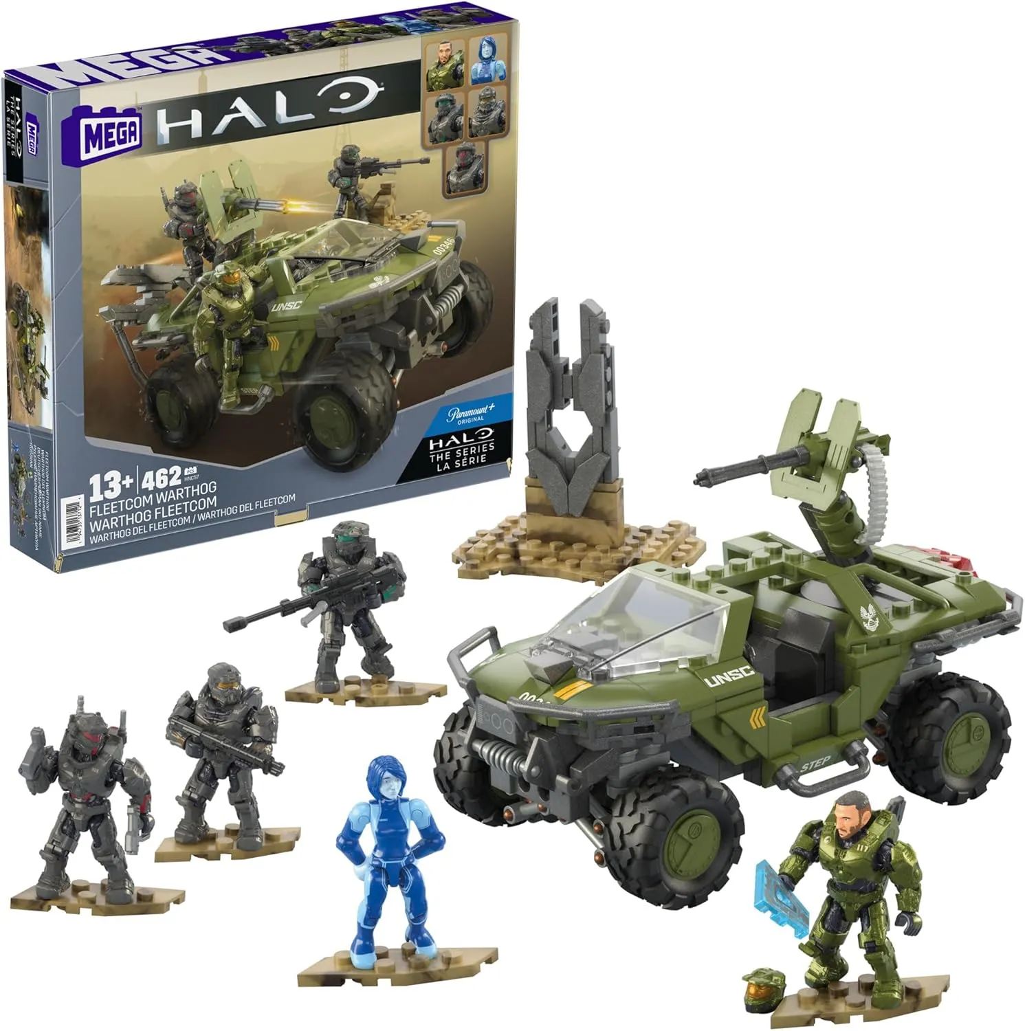Mega Halo The Series Vehicle Building Toys Set, FLEETCOM Warthog ATV with 462 Pieces, 5 Micro Action Figures, Poseable Articulation, Kids and Fans