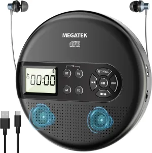 MEGATEK Portable CD Player with Dual Stereo Speakers and 60 Seconds Anti Skip, Personal Walkman CD Player for Car with Headphones, USB Port, Bluetooth and FM Transmitter, 2000mAh Rechargeable Battery