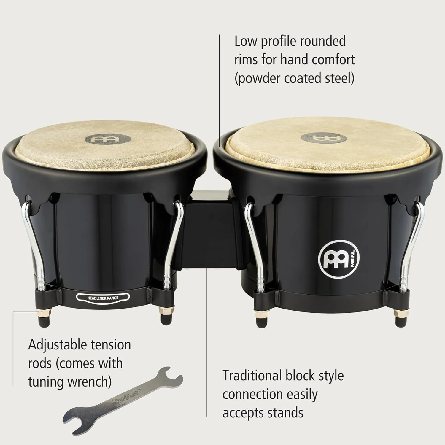 Meinl Percussion Bongos Hand Drum Set 6.5" and 7.5" with Synthetic Shells and Tuning Key — NOT Made in China — Journey Series, 2-Year Warranty (HB50BK)