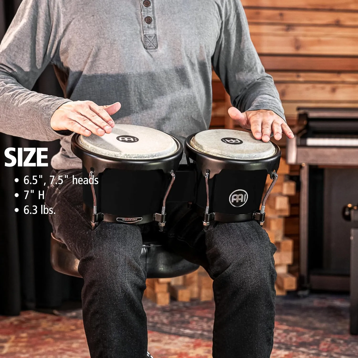 Meinl Percussion Bongos Hand Drum Set 6.5" and 7.5" with Synthetic Shells and Tuning Key — NOT Made in China — Journey Series, 2-Year Warranty (HB50BK)