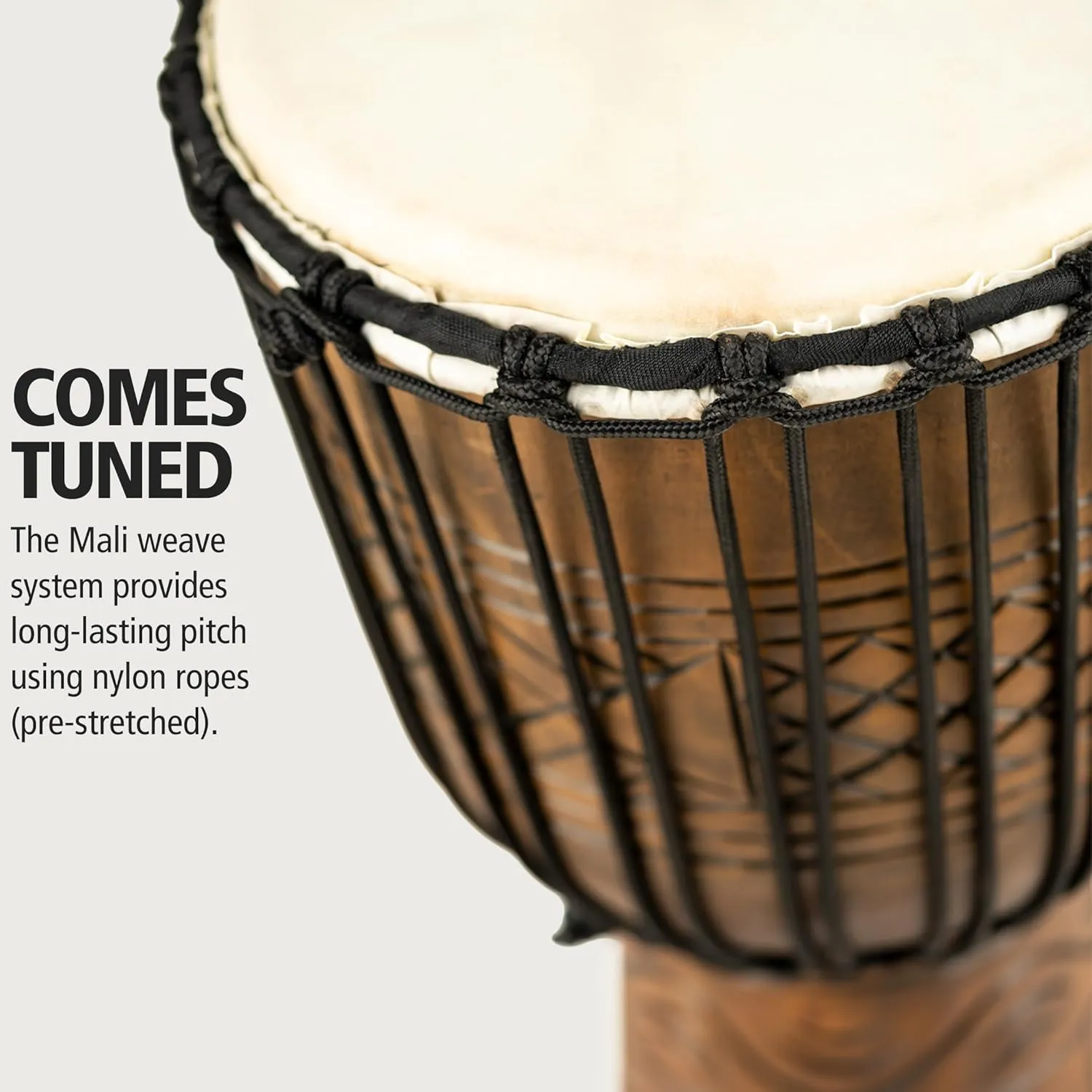 Meinl Percussion Tuned Djembe Hand Drum Circle Instrument, Carved Mahogany Headliner Series — NOT Made in China — African Mali Weave Ropes, 2-Year Warranty (HDJ17-L)