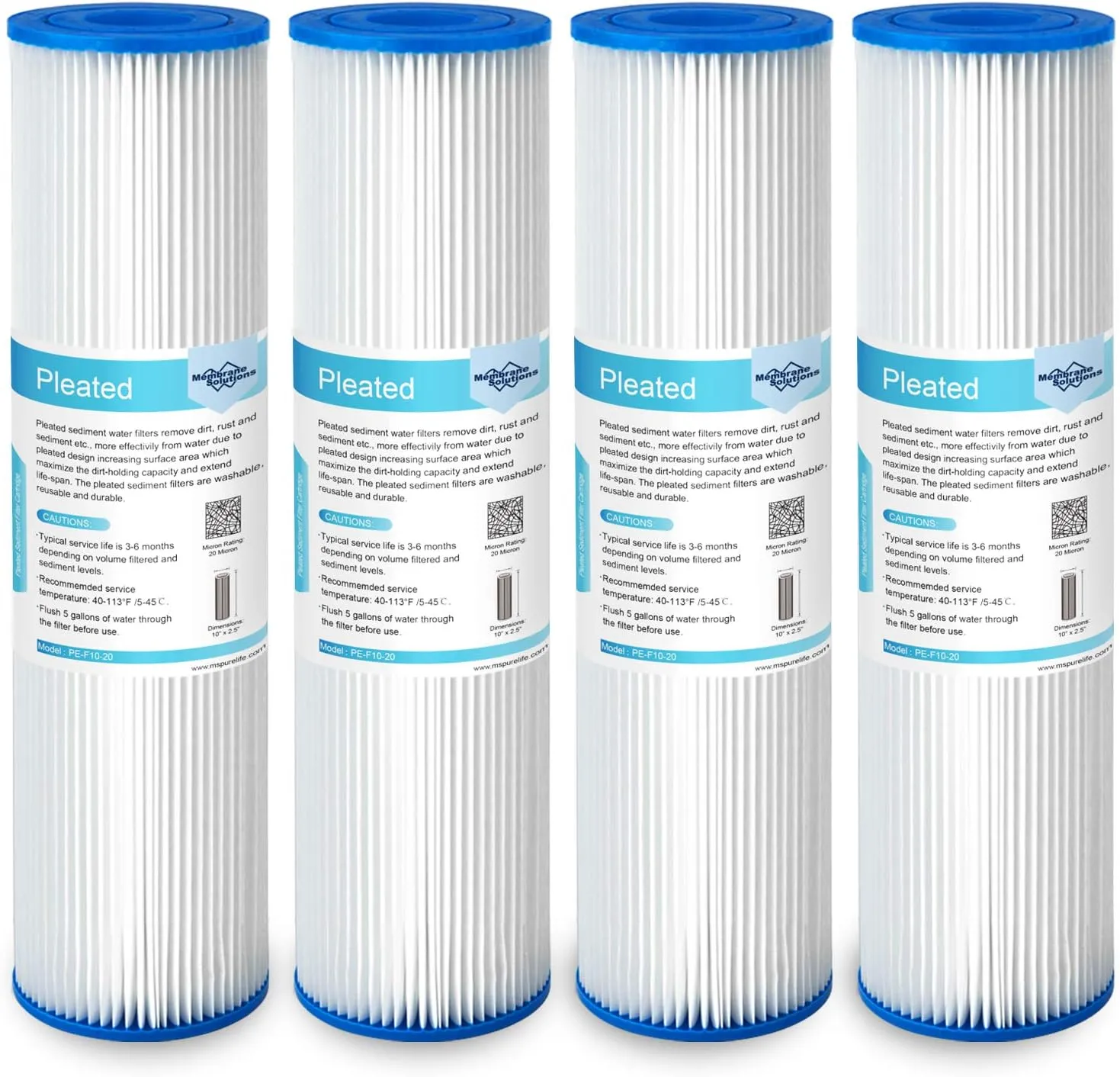 Membrane Solutions 20 Micron Pleated Polyester Sediment Water Filter 10"x2.5" Replacement Cartridge Universal Whole House Pre-Filter Compatible with W50PE, WFPFC3002, SPC-25-1050, FM-50-975 - 4 Pack