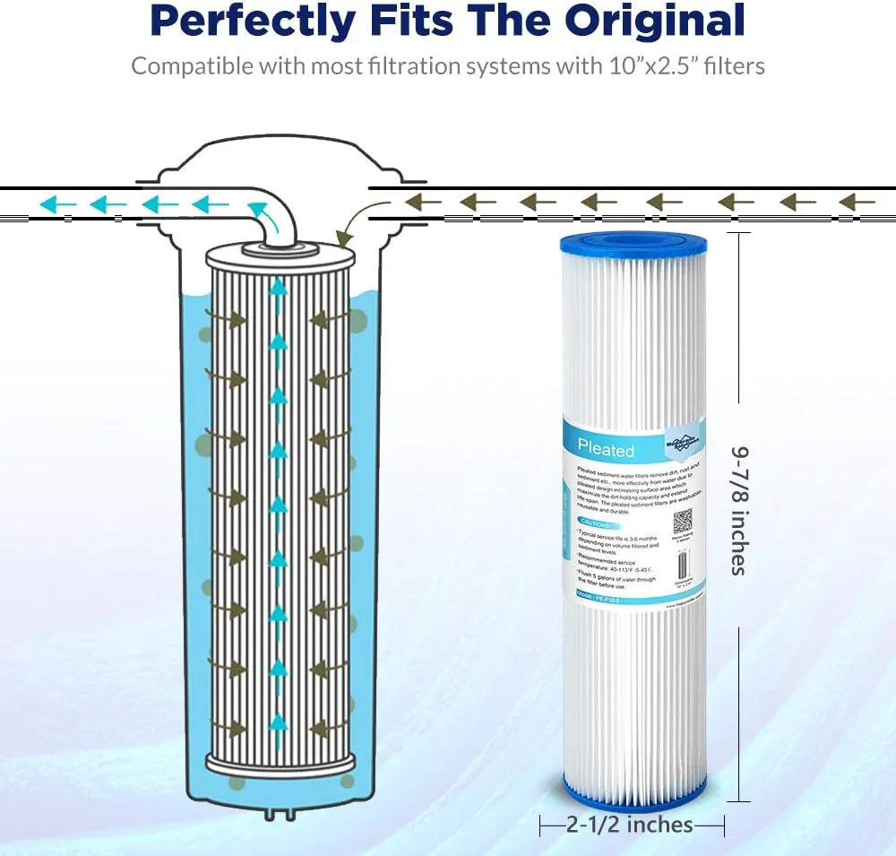 Membrane Solutions 20 Micron Pleated Polyester Sediment Water Filter 10"x2.5" Replacement Cartridge Universal Whole House Pre-Filter Compatible with W50PE, WFPFC3002, SPC-25-1050, FM-50-975 - 4 Pack