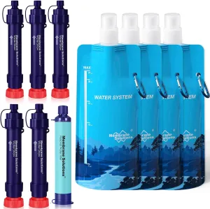 Membrane Solutions WS02 Detachable Water Filter Straw (Pack of 5) with 23oz Collapsible Squeezable Water Filtration System