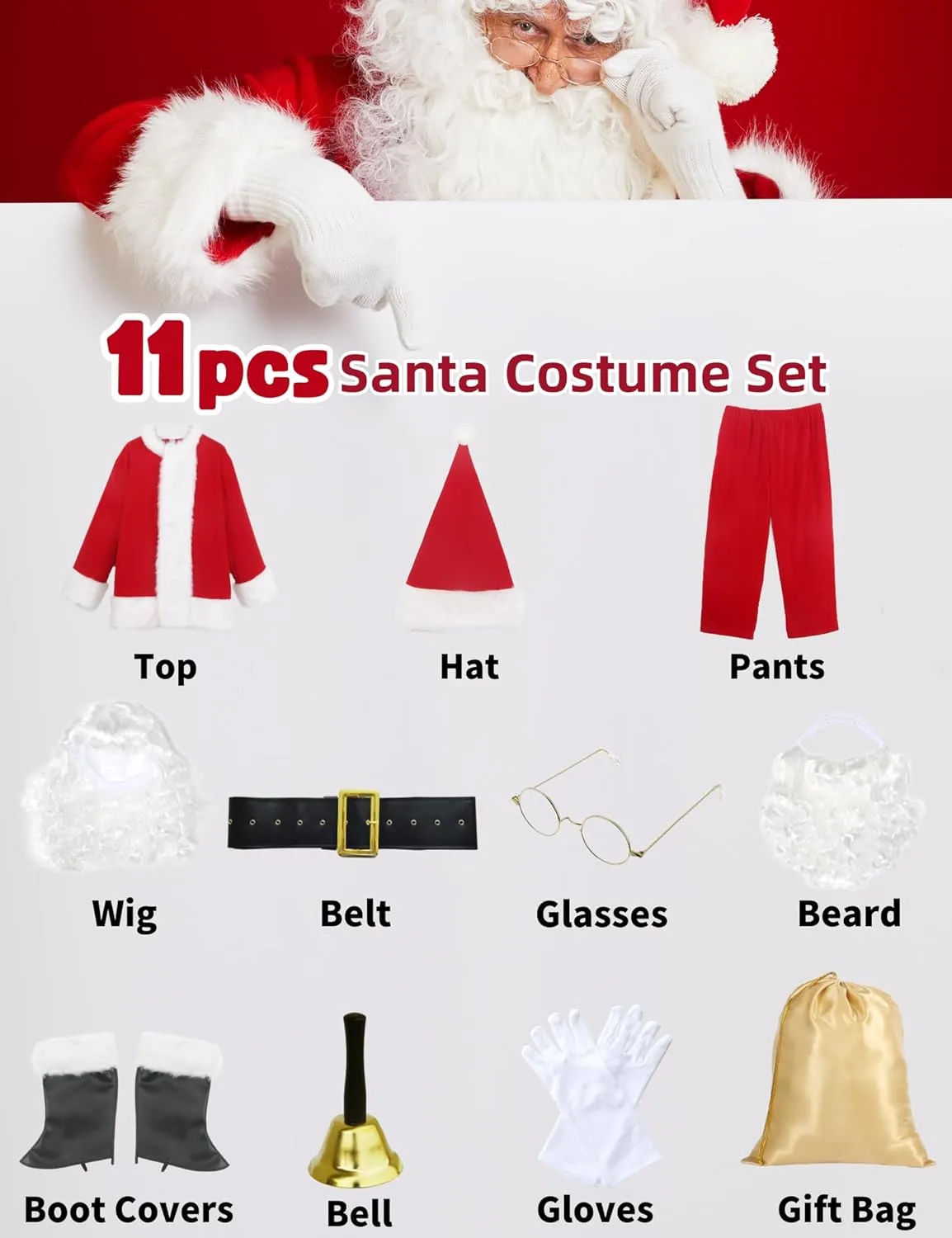 Men's Deluxe Santa Suit 11pc. Christmas Ultra Velvet Adult Santa Claus Costume