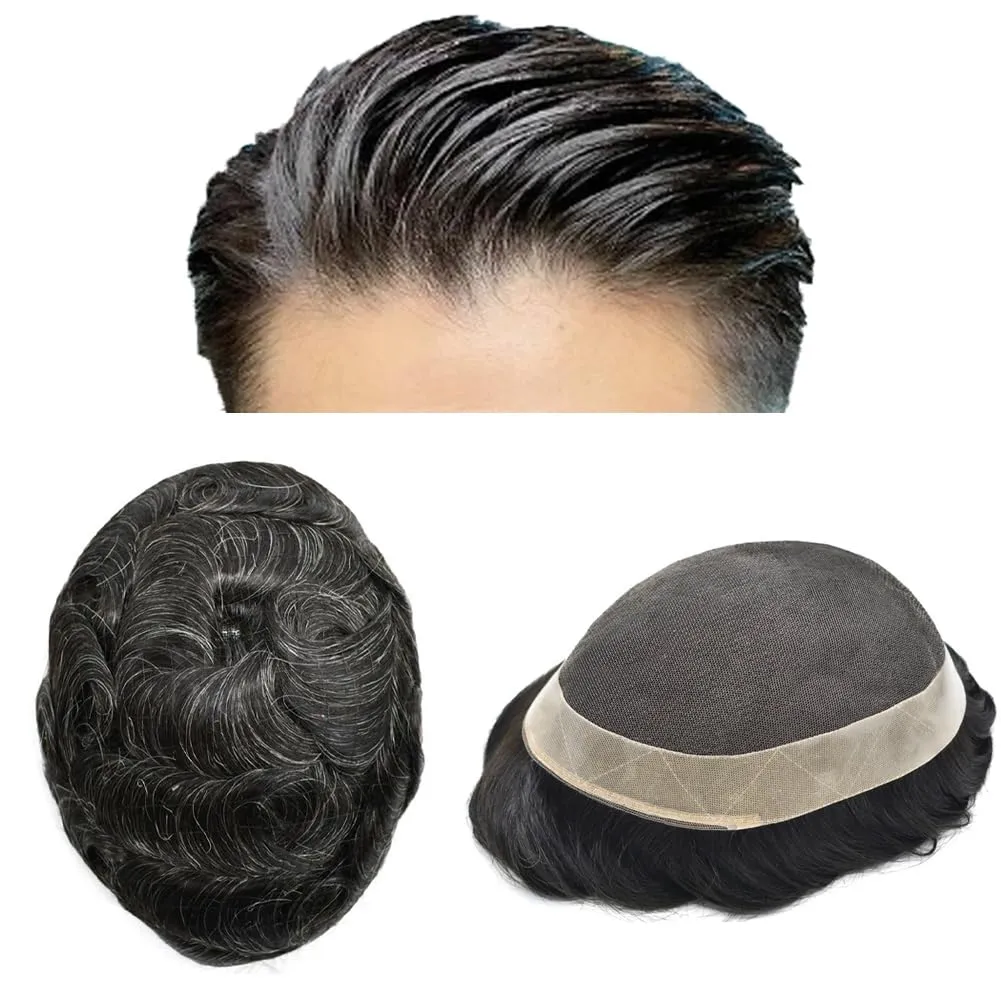 Mens Toupee Human Hair French Lace Hair Pieces For Men Toupee For Men Hair System 100% Human Hair Replacement System For Men Hair Pieces 7x10 100% light to Medium density#1B20 1B# OFF BLACK 20% GREY