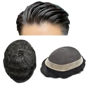 Mens Toupee Human Hair French Lace Hair Pieces For Men Toupee For Men Hair System 100% Human Hair Replacement System For Men Hair Pieces 7x10 100% light to Medium density#1B20 1B# OFF BLACK 20% GREY