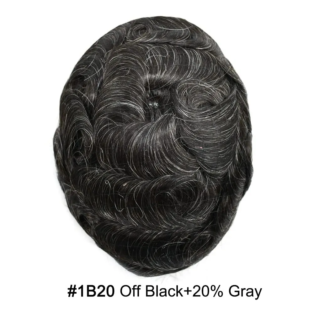 Mens Toupee Human Hair French Lace Hair Pieces For Men Toupee For Men Hair System 100% Human Hair Replacement System For Men Hair Pieces 7x10 100% light to Medium density#1B20 1B# OFF BLACK 20% GREY