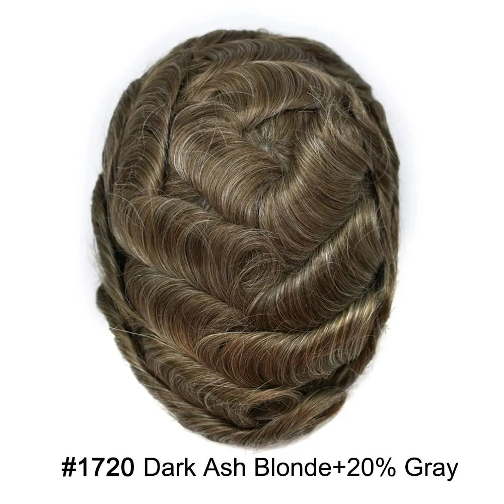 Mens Toupee Human Hair French Lace Hair Pieces For Men Toupee For Men Hair System 100% Human Hair System For Men Hair Pieces 6x8 100% light to Medium density#1720 17# DARK ASH BLONDE 20% GREY