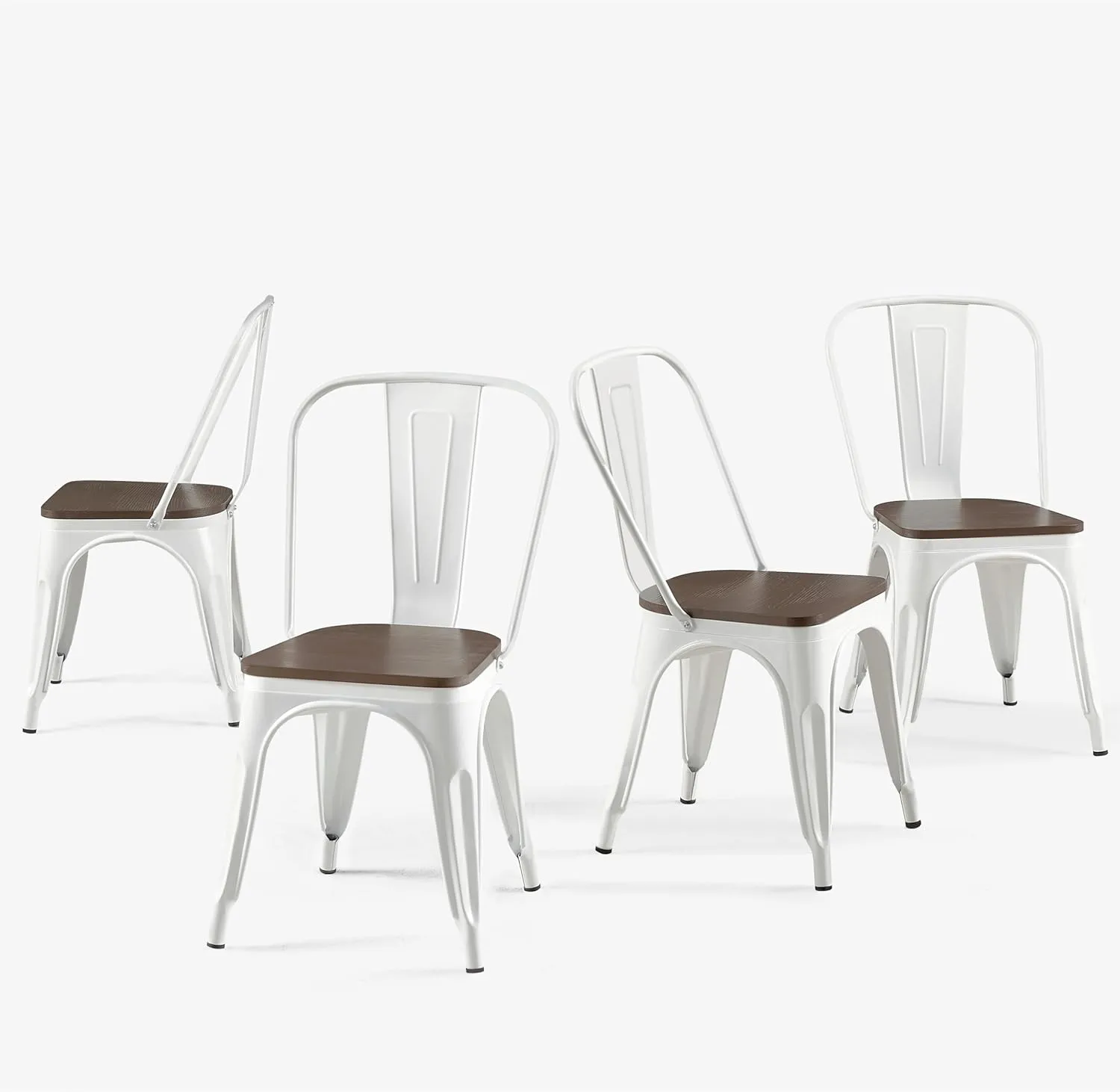 Metal Dining Chair with Wooden Seat Set of 4 Stackable Industrial Vintage Kitchen Indoor-Outdoor Bistro Cafe Arctic White