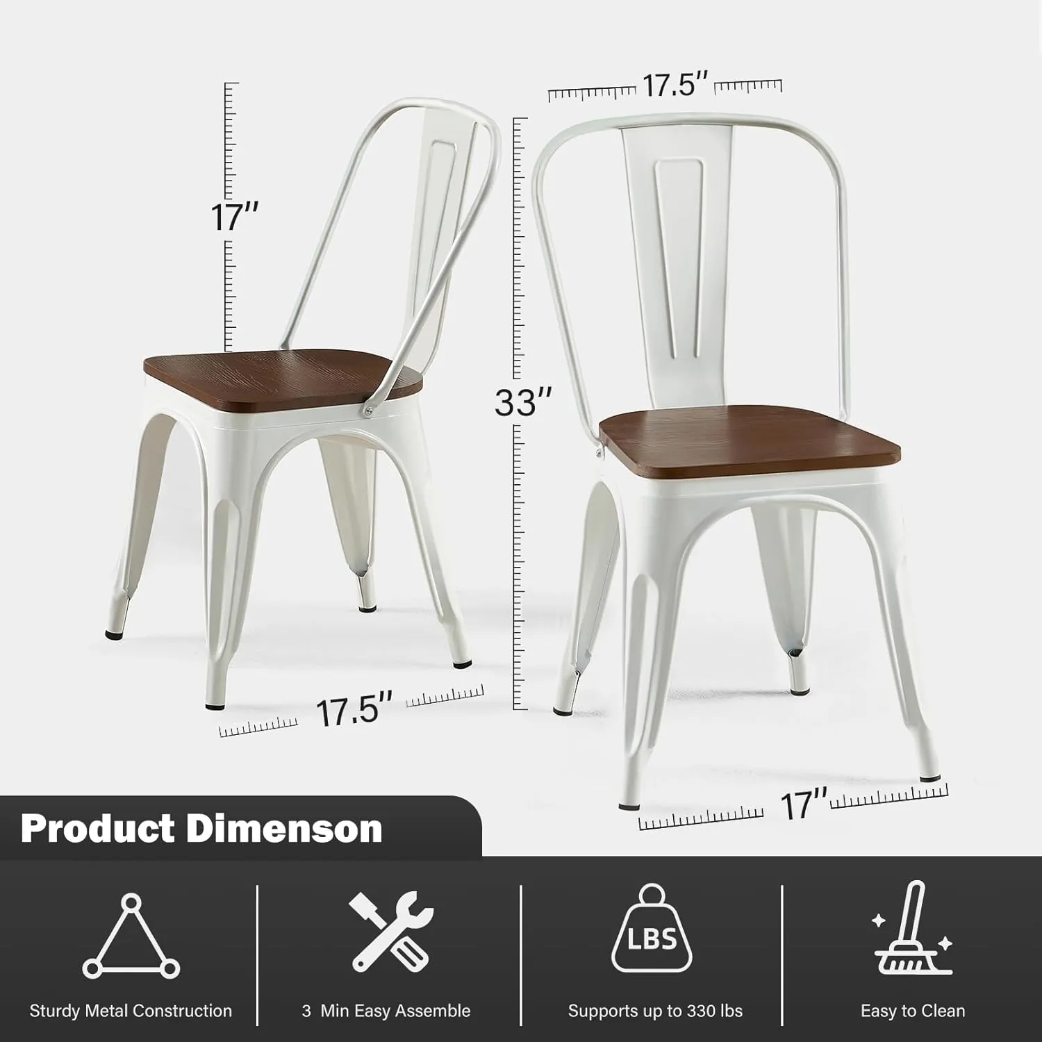Metal Dining Chair with Wooden Seat Set of 4 Stackable Industrial Vintage Kitchen Indoor-Outdoor Bistro Cafe Arctic White