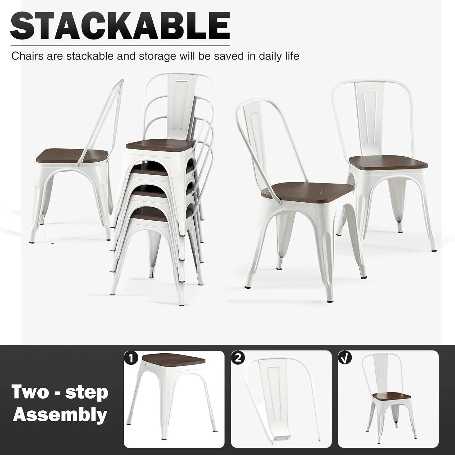 Metal Dining Chair with Wooden Seat Set of 4 Stackable Industrial Vintage Kitchen Indoor-Outdoor Bistro Cafe Arctic White